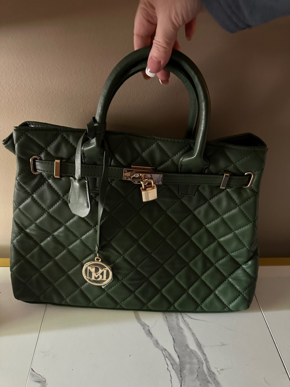 Badgley Mischka Quilted Dark Green Satchel with Gold Hardware